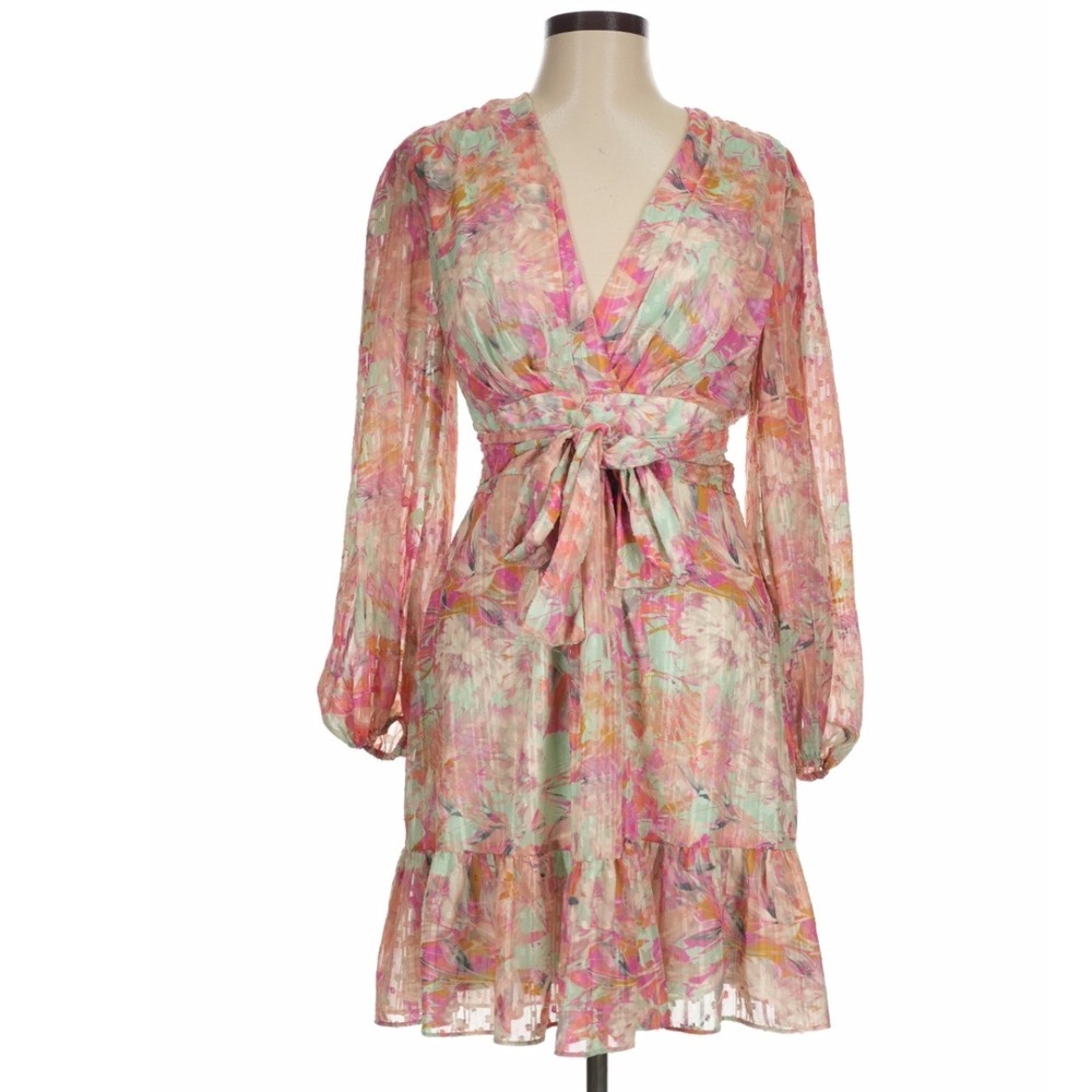 Alex Marie Floral Chiffon Dress Womens 6 Pink Green garden party romantic